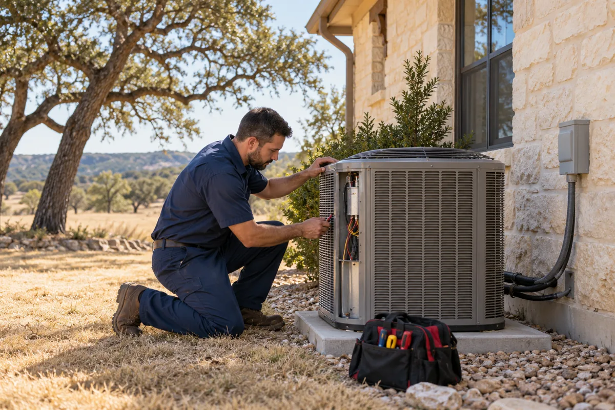HVAC technician inspecting an outdoor air conditioning condenser beside a limestone home