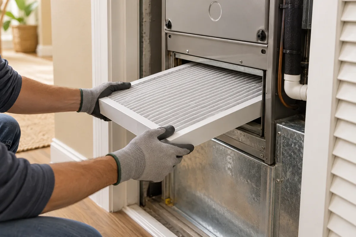 Gloved hands fitting a clean pleated air filter into a residential HVAC air handler