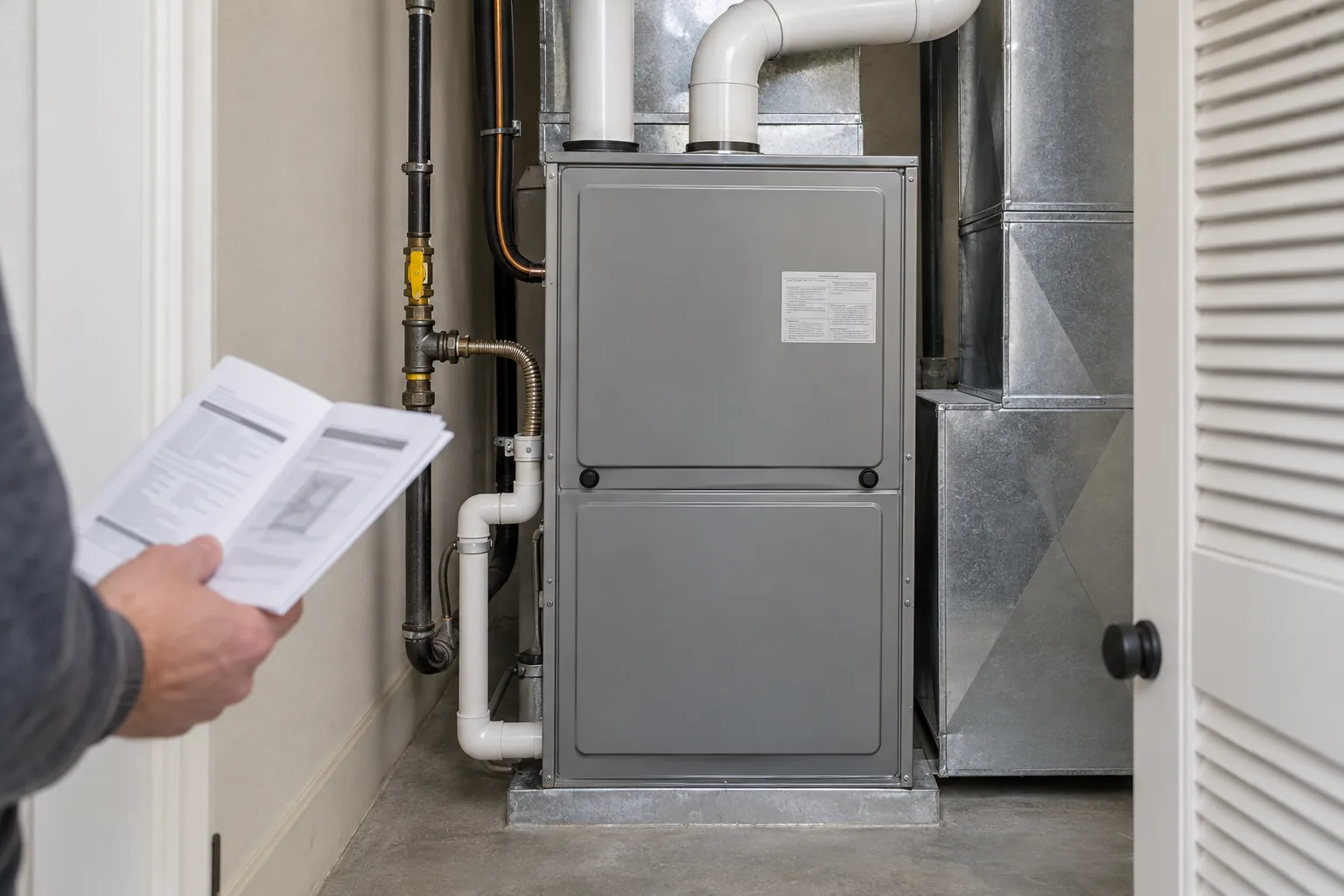 Closed residential furnace cabinet with exterior piping beside a homeowner holding a manual