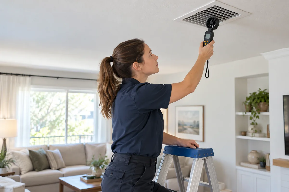 HVAC technician measuring airflow at a ceiling supply vent with a handheld anemometer
