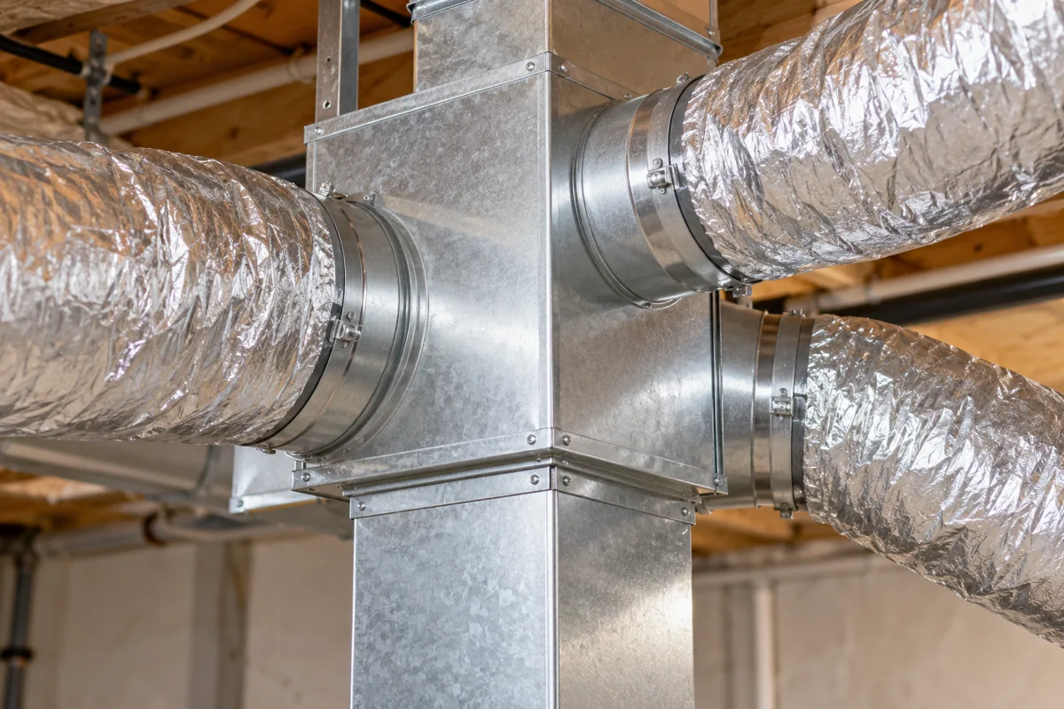 Galvanized HVAC duct junction connected to insulated flexible air ducts