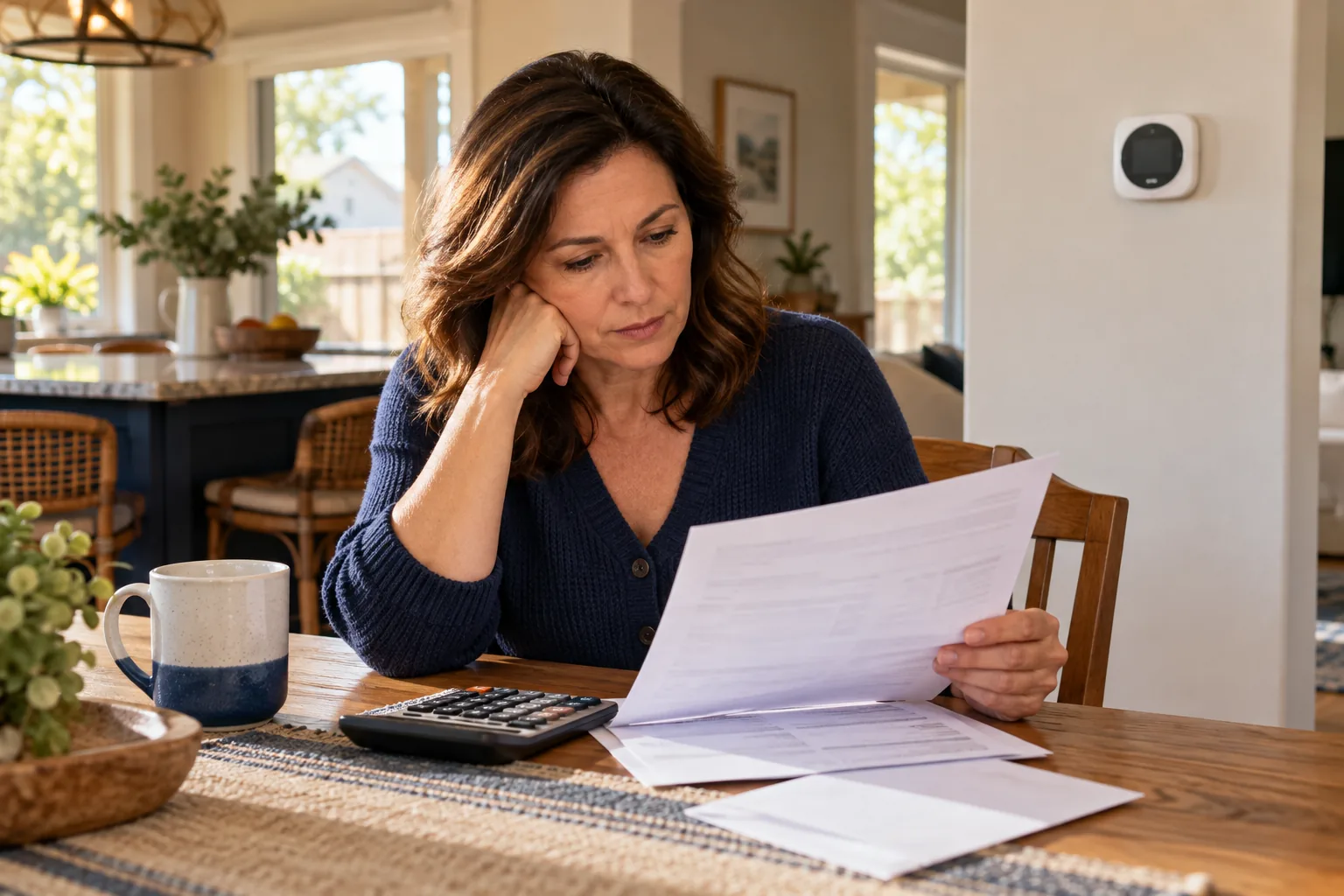 Homeowner reviewing a household utility bill with a calculator at a kitchen table