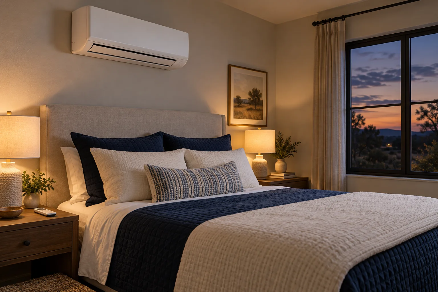 Wall-mounted mini-split above a bedroom at dusk with a remote on the bedside table