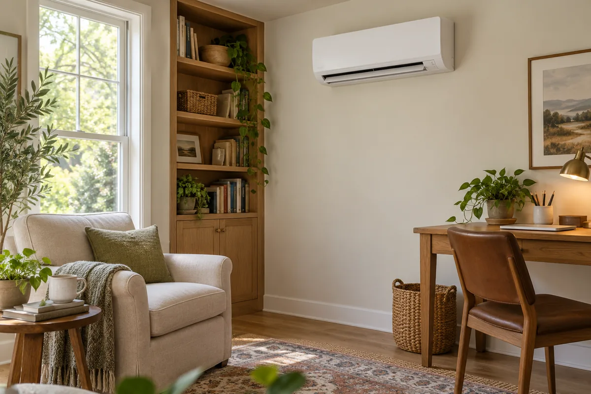 Wall-mounted ductless mini-split above a home study with a desk and reading chair