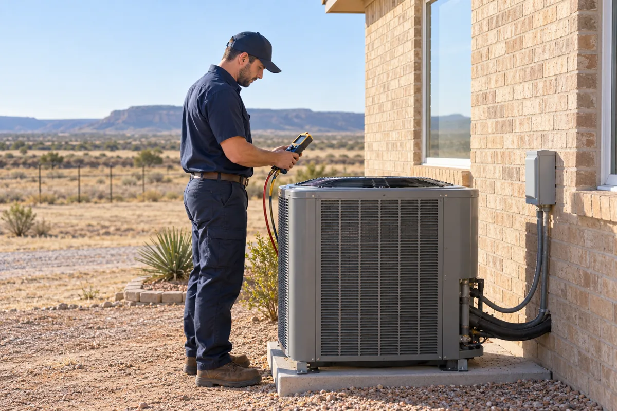 HVAC technician checking an outdoor air conditioner with a handheld meter beside a tan brick home