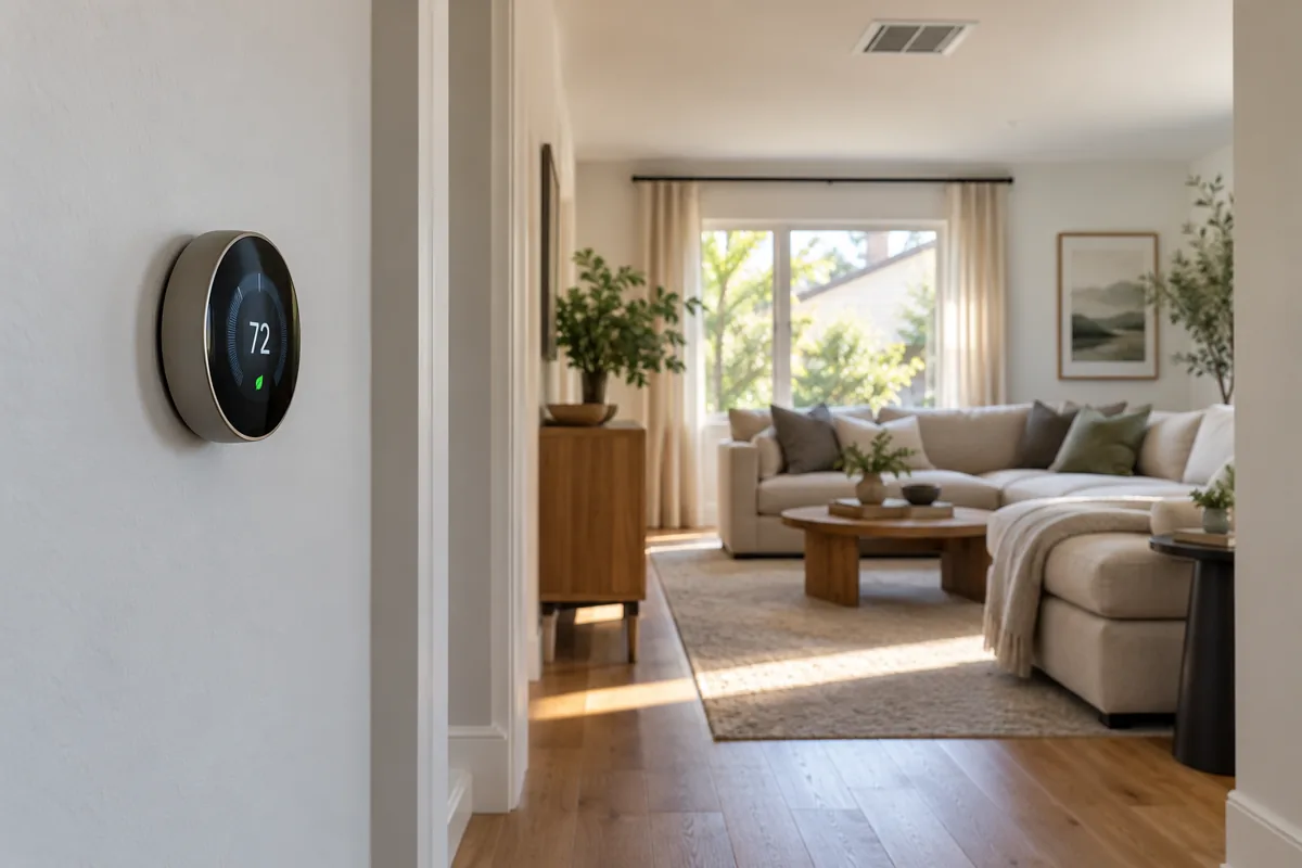 Digital thermostat on a hallway wall beside a bright living room with a ceiling air vent