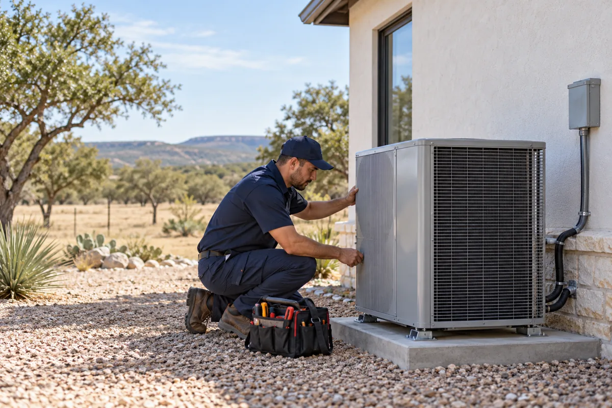 HVAC technician inspecting an outdoor heat pump beside a light stucco home